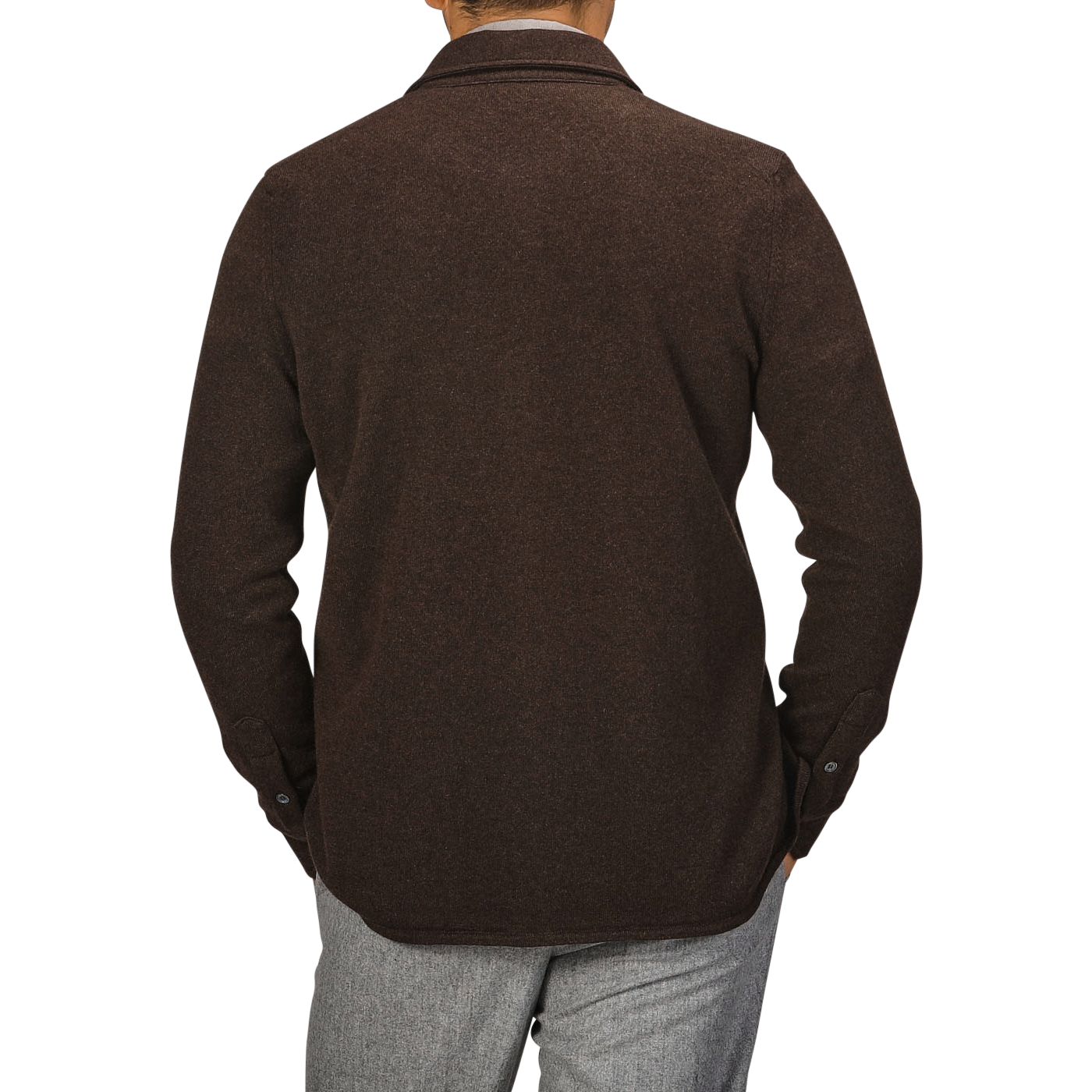 A person viewed from the back is wearing a Dark Brown Felted Cashmere Overshirt by Fedeli, paired with light gray pants.