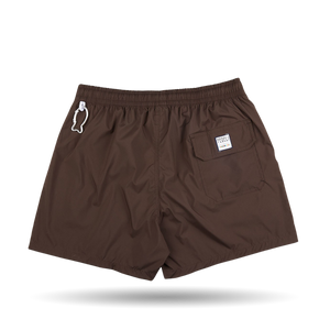 A Dark Brown Microfiber Madeira Swim Shorts with a white logo on it from Fedeli.