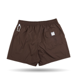 A Dark Brown Microfiber Madeira Swim Shorts with a white logo on it from Fedeli.
