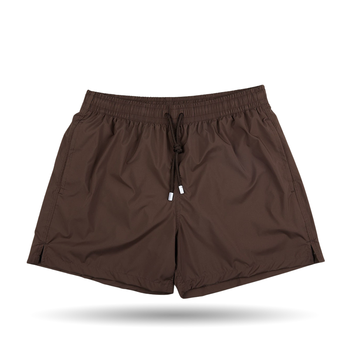 The men's Fedeli Dark Brown Microfiber Madeira swim shorts, a luxury casual wear.