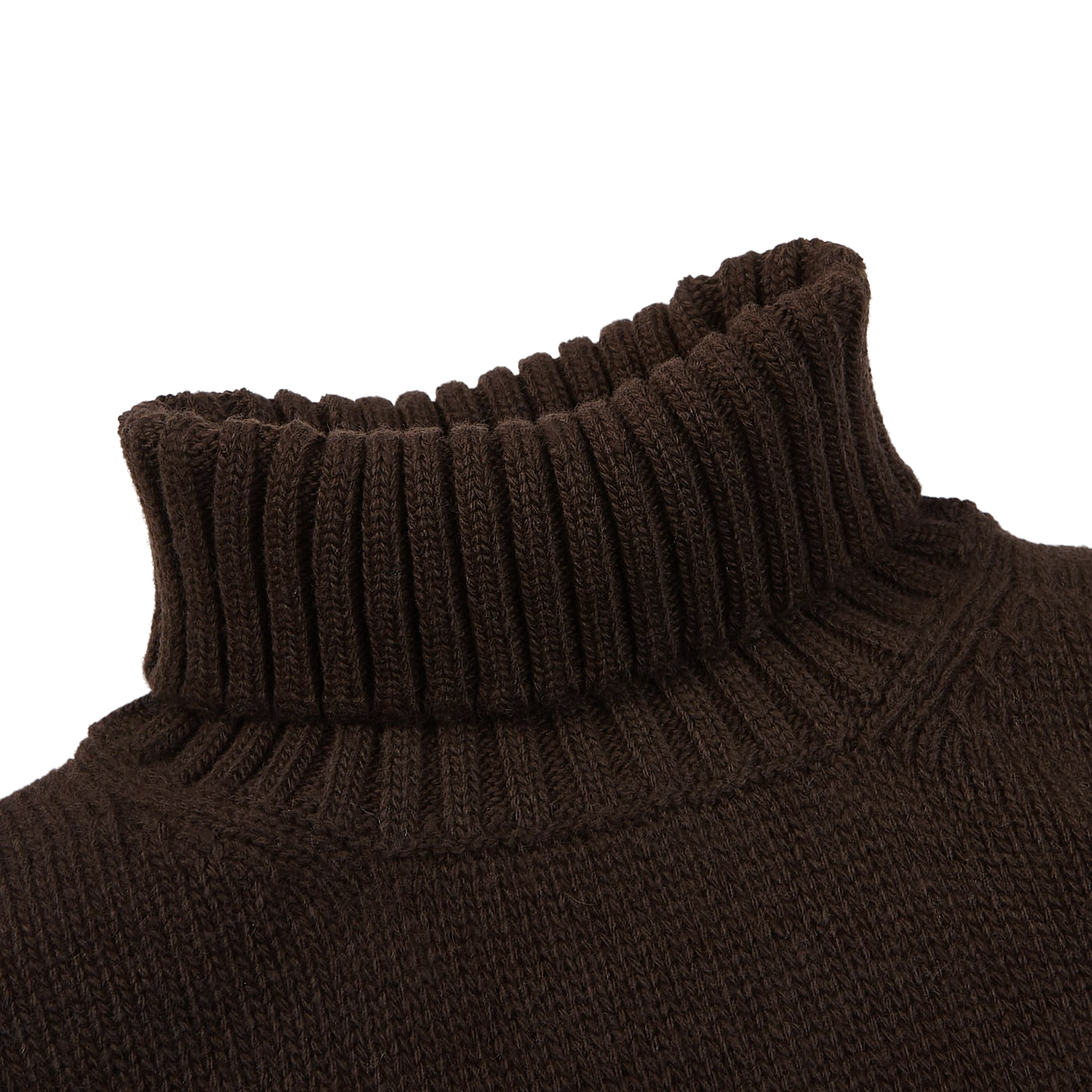 The Fedeli Dark Brown Wool Cashmere Rollneck features a luxurious ribbed roll neck. Photographed against a plain white background, this piece exemplifies the elegance of Italian knitwear.