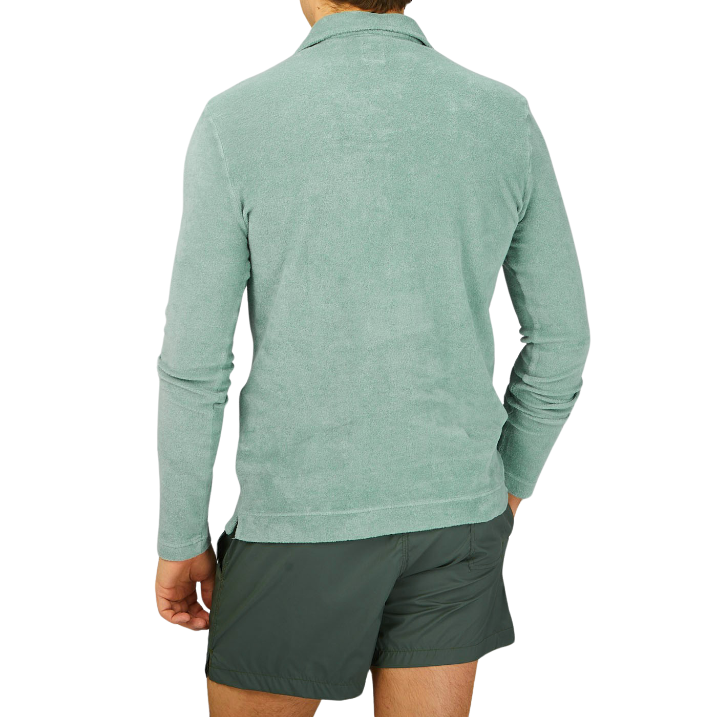 The back view of Baltzar wearing a Fedeli Light Green Cotton Toweling Shirt, his summer favorite.