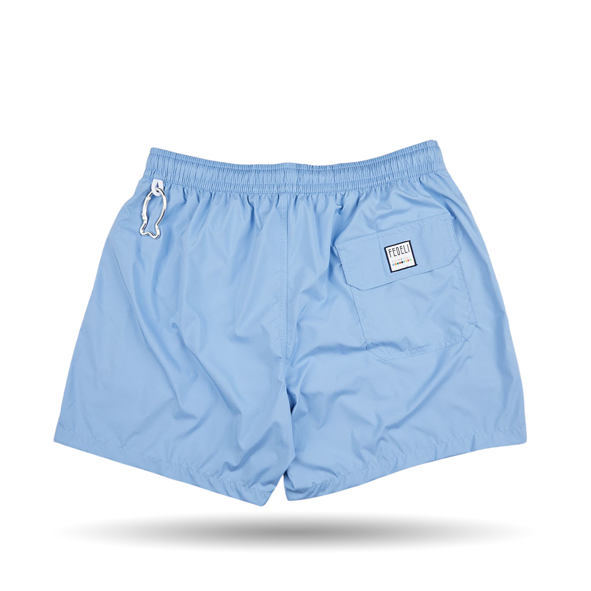 A Light Blue Microfiber Madeira Swim Short with a white Fedeli logo, perfect for luxury casual wear.