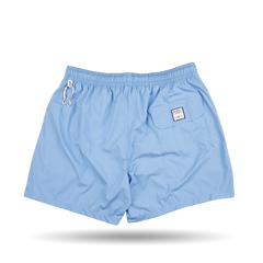 A Light Blue Microfiber Madeira Swim Short with a white Fedeli logo, perfect for luxury casual wear.