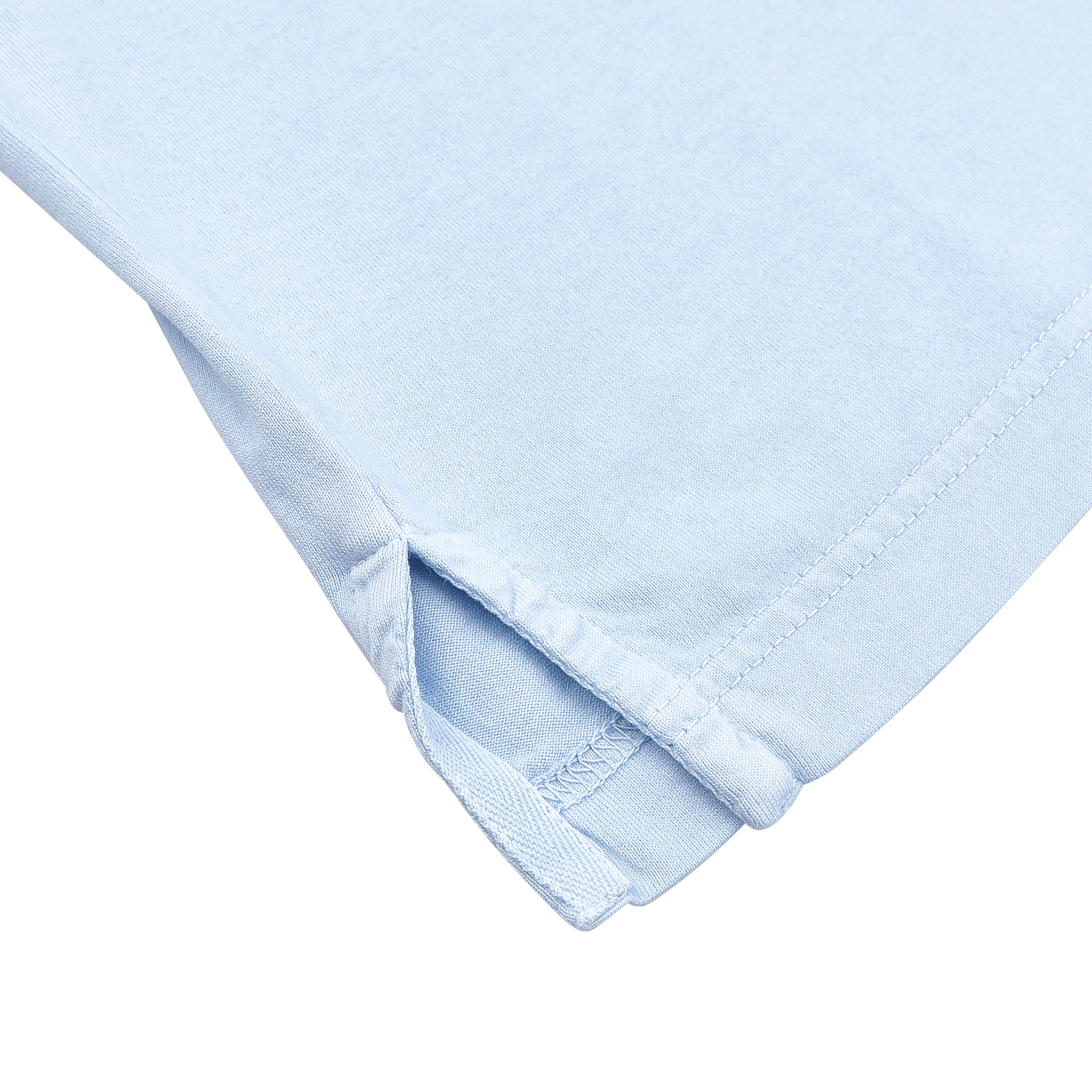 Close-up of the corner of a Fedeli Light Blue Organic Cotton Capri Collar Polo Shirt, made from organic Giza cotton, featuring fine stitching and a small side slit on a white background. Ideal for luxury casual-wear fans.