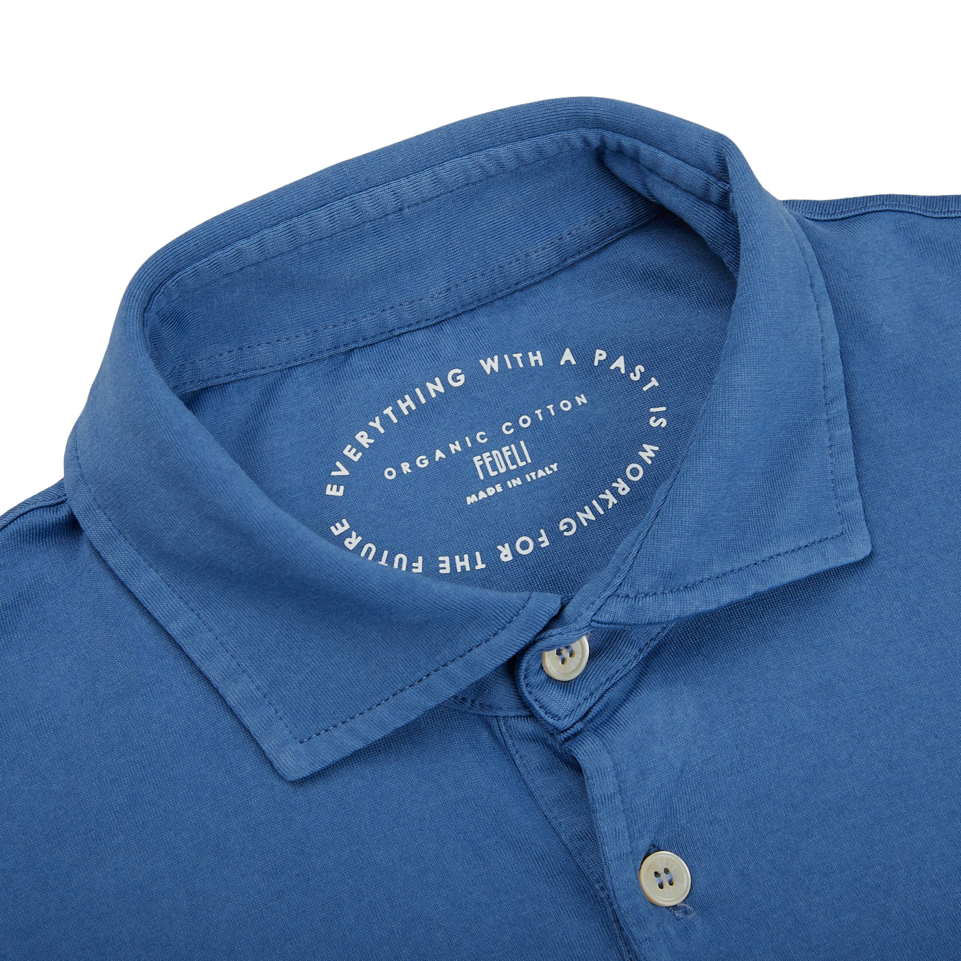The collar of a Light Blue Organic Cotton LS Polo Shirt by Fedeli.