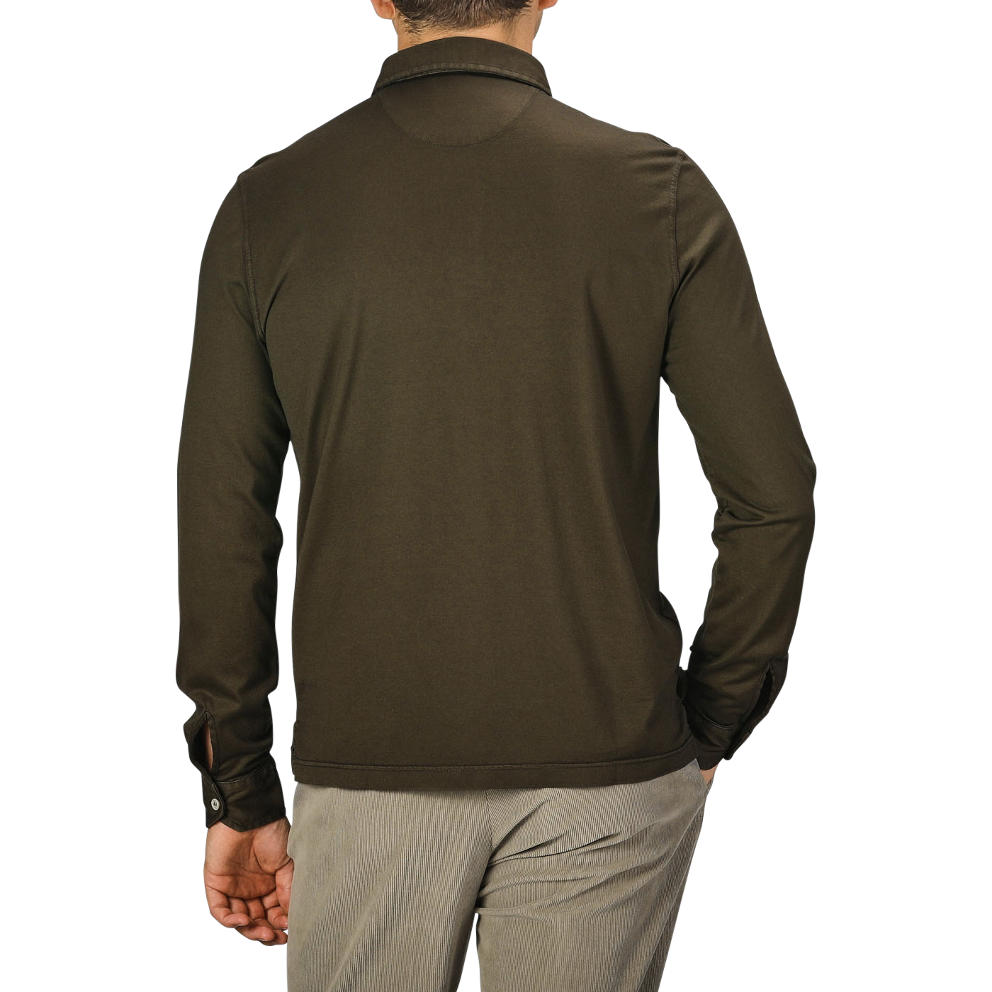 A man wearing a Fedeli Moss Green Organic Cotton LS Polo Shirt and beige pants is shown from behind against a plain background.