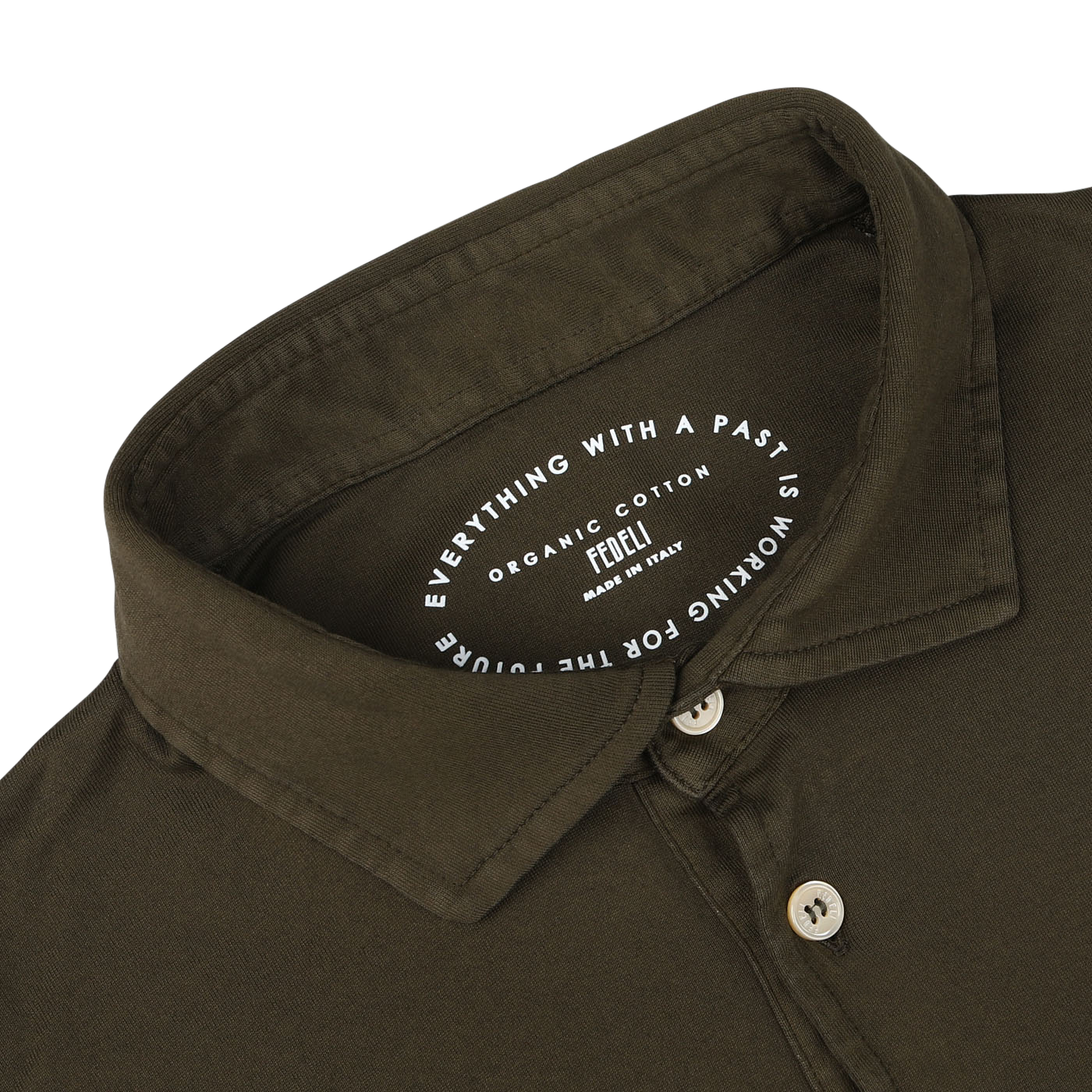 The Moss Green Organic Cotton LS Polo Shirt by Fedeli features a white inner collar with the text, "Everything with a past is working for a future." Made in Italy from Giza cotton, this shirt epitomizes luxury casual-wear.