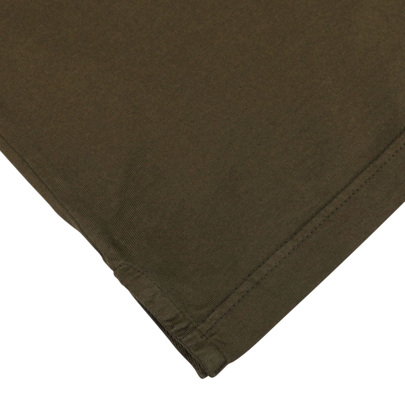 A close-up of the lower corner of an olive green fabric, showcasing stitching and hem details, reminiscent of a Moss Green Organic Cotton LS Polo Shirt by Fedeli.