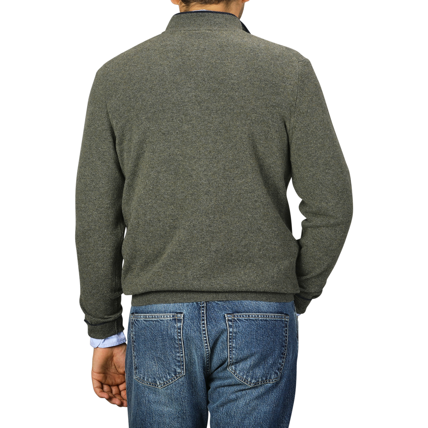 A person is shown from behind, wearing a Moss Green Wool Cashmere 1/4 Zip Sweater by Fedeli and blue jeans.