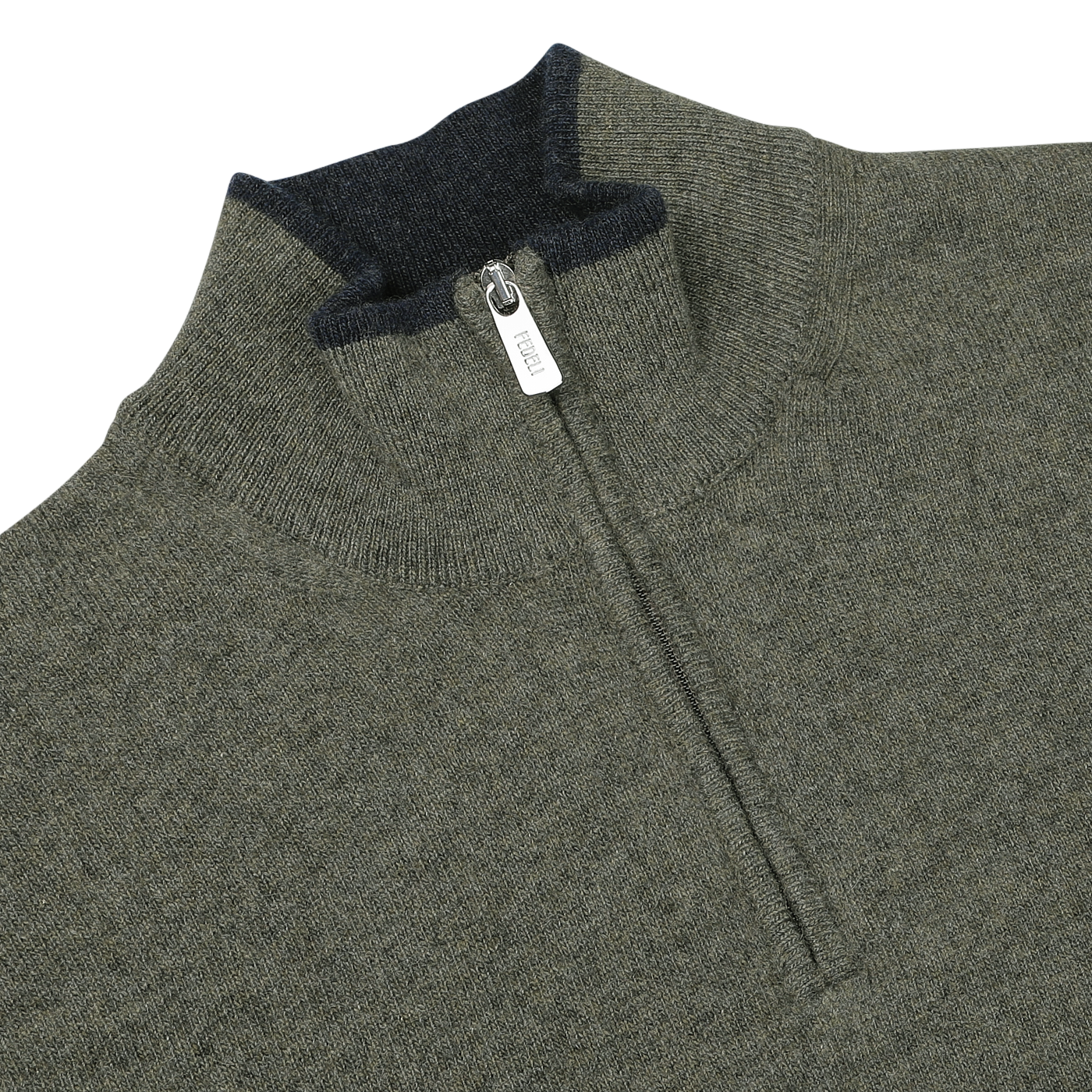 Close-up of a moss green wool-cashmere 1/4 zip sweater with a dark gray inner collar. The zipper pull is visible and labeled "Fedeli." The fabric has a knit texture.