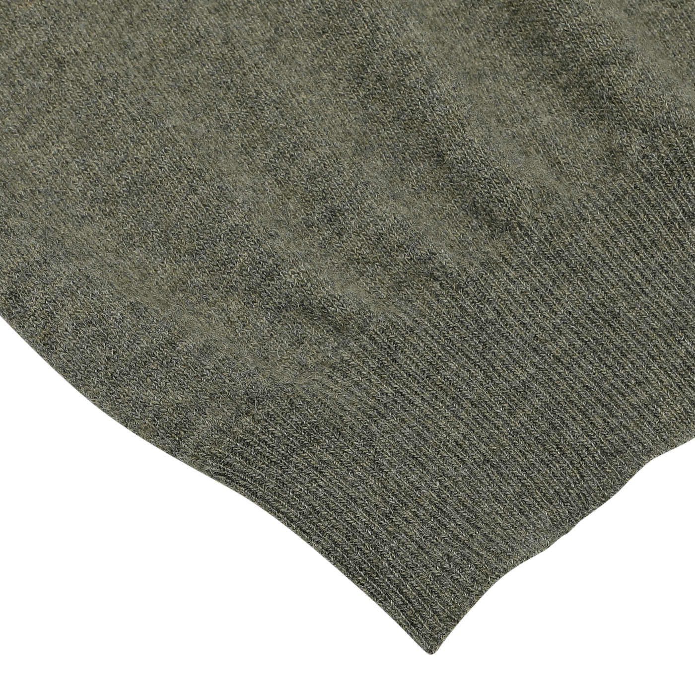 Close-up of a moss green knitted fabric from Fedeli's Wool Cashmere 1/4 Zip Sweater, showcasing its texture and neat stitching along the edge.