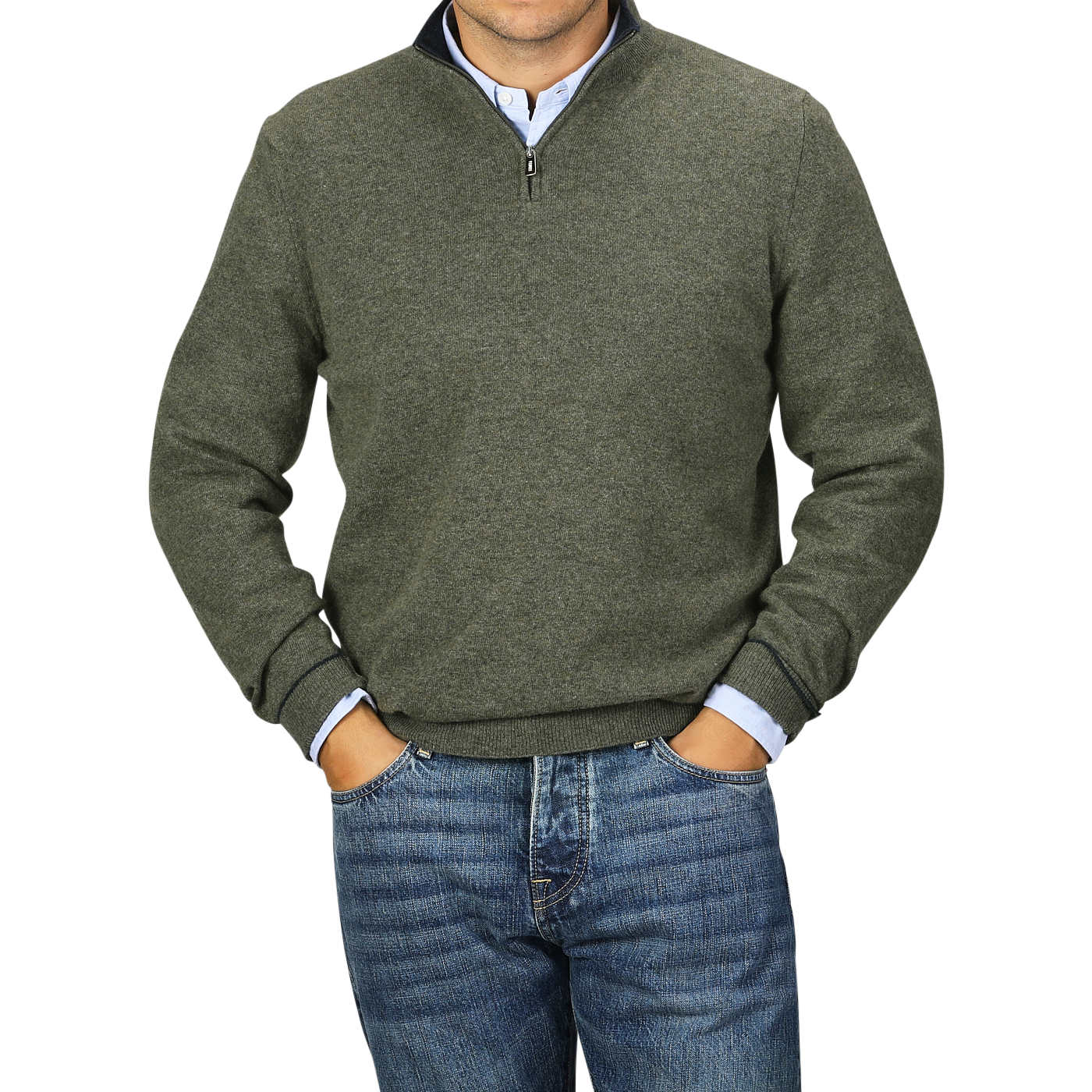 A person wearing a Moss Green Wool Cashmere 1/4 Zip Sweater from Fedeli over a light blue collared shirt and blue jeans stands with hands in pockets.