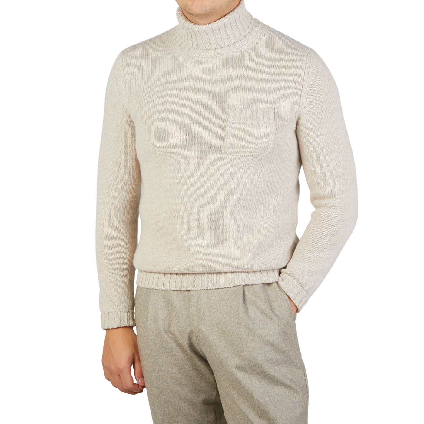 A person is wearing a Fedeli Natural Beige Wool Cashmere Rollneck with a chest pocket, paired effortlessly with light brown pants. The person's face is not visible.