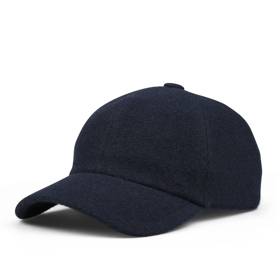 A Navy Blue Felted Cashmere Cap by Fedeli, featuring a curved brim and a button on top, perfect for blending into any storm system.