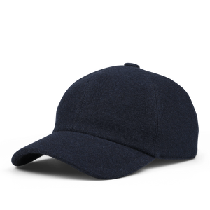 A Navy Blue Felted Cashmere Cap by Fedeli, featuring a curved brim and a button on top, perfect for blending into any storm system.