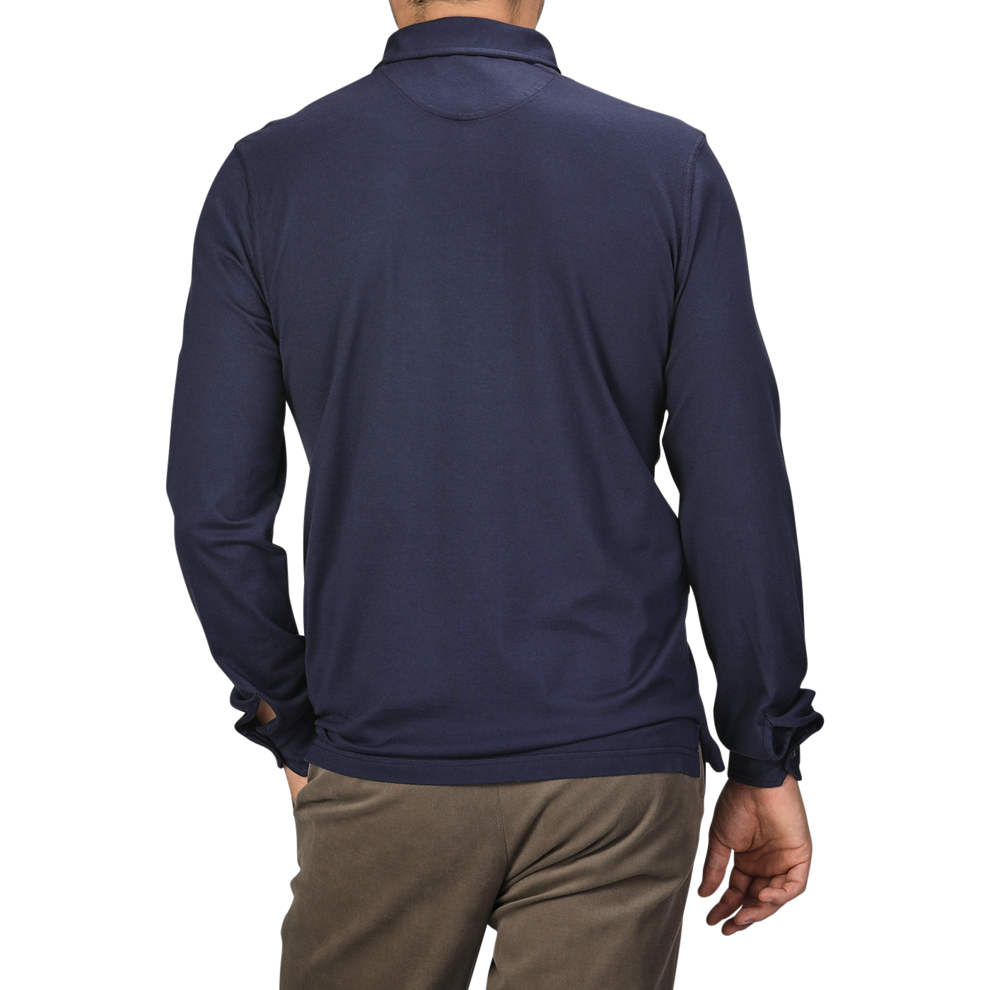 An individual is wearing a Fedeli Navy Blue Organic Cotton LS Polo Shirt and brown trousers, viewed from the back against a plain background.