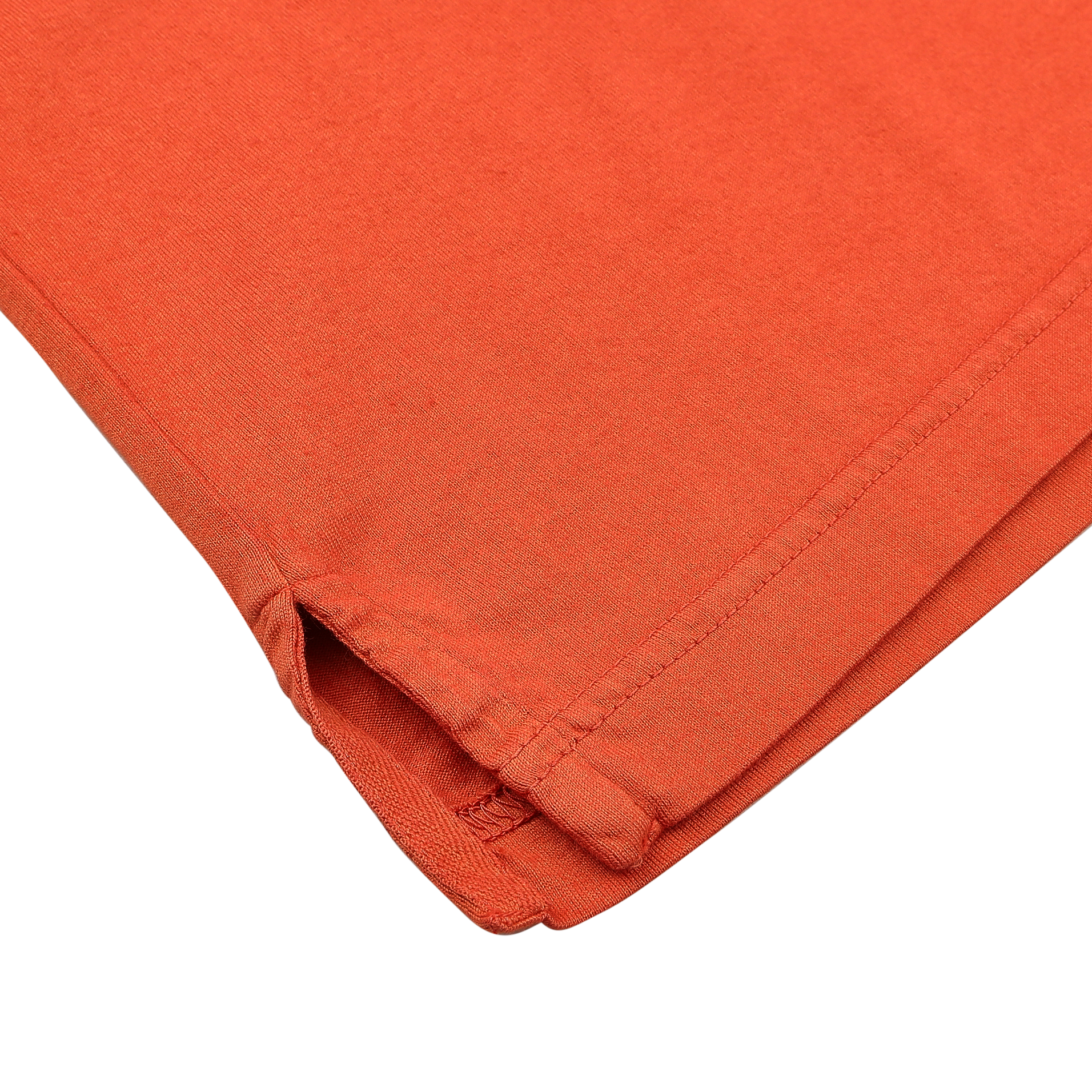 Close-up of the corner of Fedeli's Orange Organic Cotton Capri Collar Polo Shirt, highlighting detailed stitching and a small hem slit. Made from organic Giza cotton, it represents luxury casual-wear at its finest.