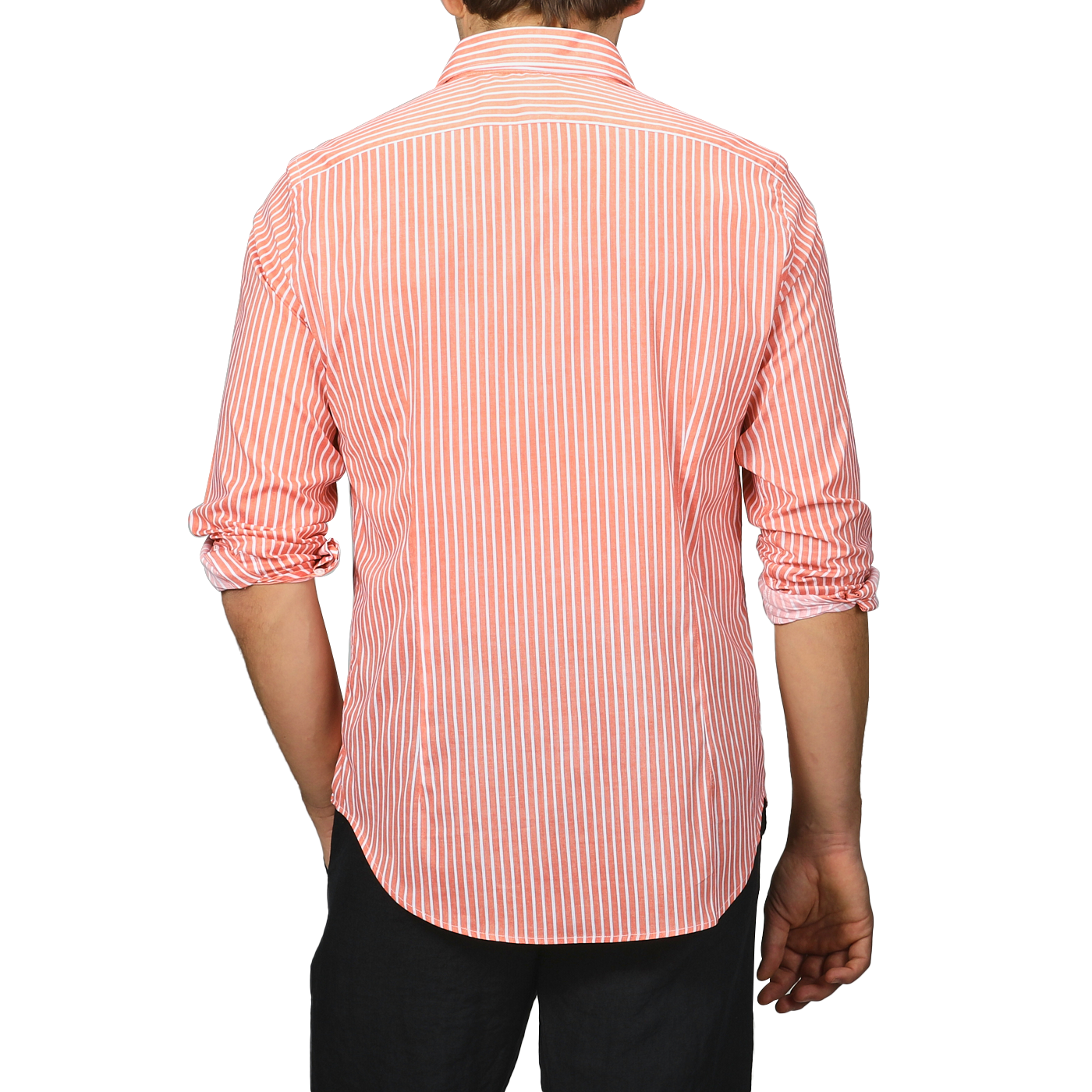 Person wearing an orange and white striped long-sleeve beach shirt from Fedeli, made from cotton stretch fabric, viewed from the back.