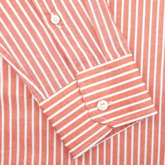 Close-up of Fedeli's Orange White Striped Cotton Beach Shirt, offering a slim fit with buttoned cuffs, crafted from stretch cotton for comfort and style.