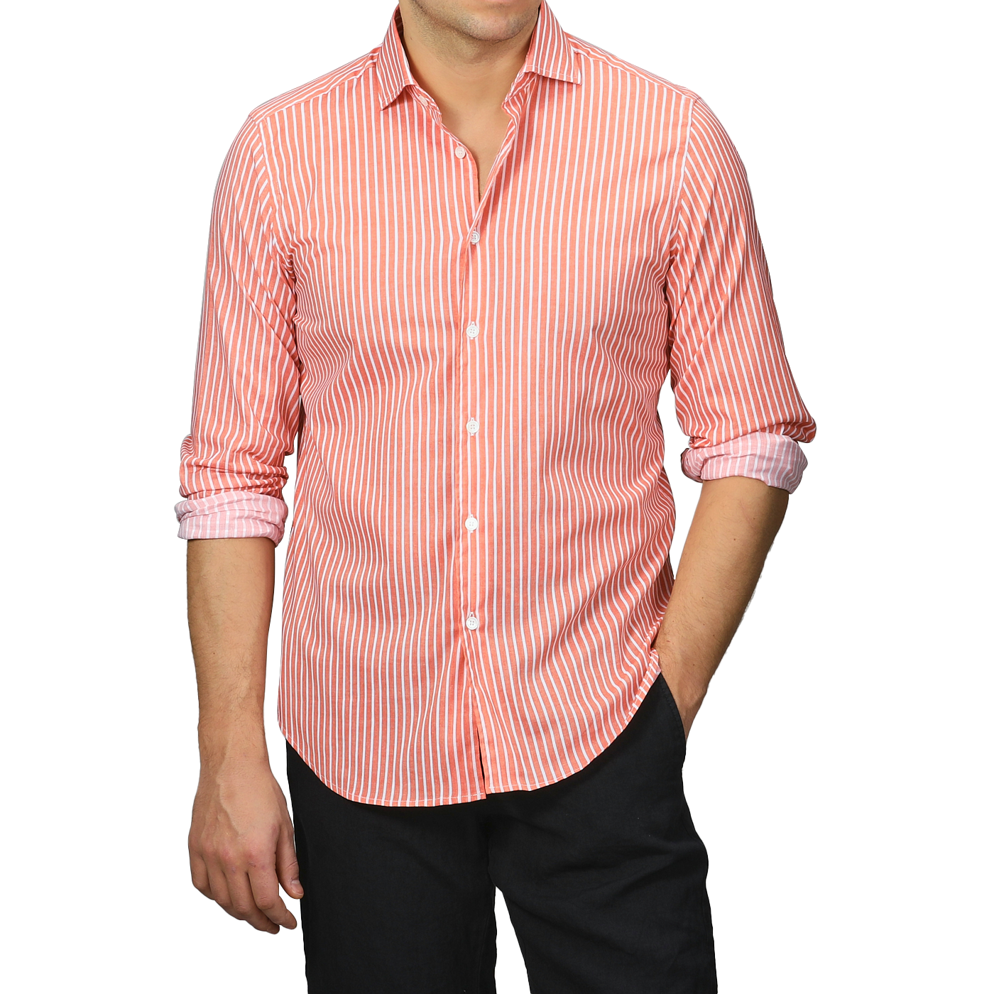 Dressed in a slim fit Orange White Striped Cotton Beach Shirt by Fedeli, a person with rolled-up sleeves stands stylishly against a plain background, paired elegantly with black pants.