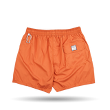 A pair of Fedeli Rust Brown Microfiber Madeira Swim Shorts with a pocket on the side.