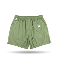 Fedeli's Sage Green Madeira Microfiber Swim Shorts feature an elastic waistband, a rear pocket with a white label, and a silver hook on the left. Made from quick-drying microfiber for luxury casual wear.