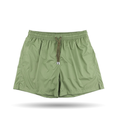 The Fedeli Sage Green Madeira Microfiber Swim Shorts feature an elastic waistband, drawstring, and two side pockets. Made from quick-drying microfiber and displayed on a white background, they epitomize luxury casual wear.