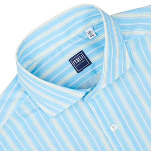 Sky Blue Yellow Striped Fedeli beach shirt with collar detail and size label visible, tailored in a slim fit from cotton stretch fabric.