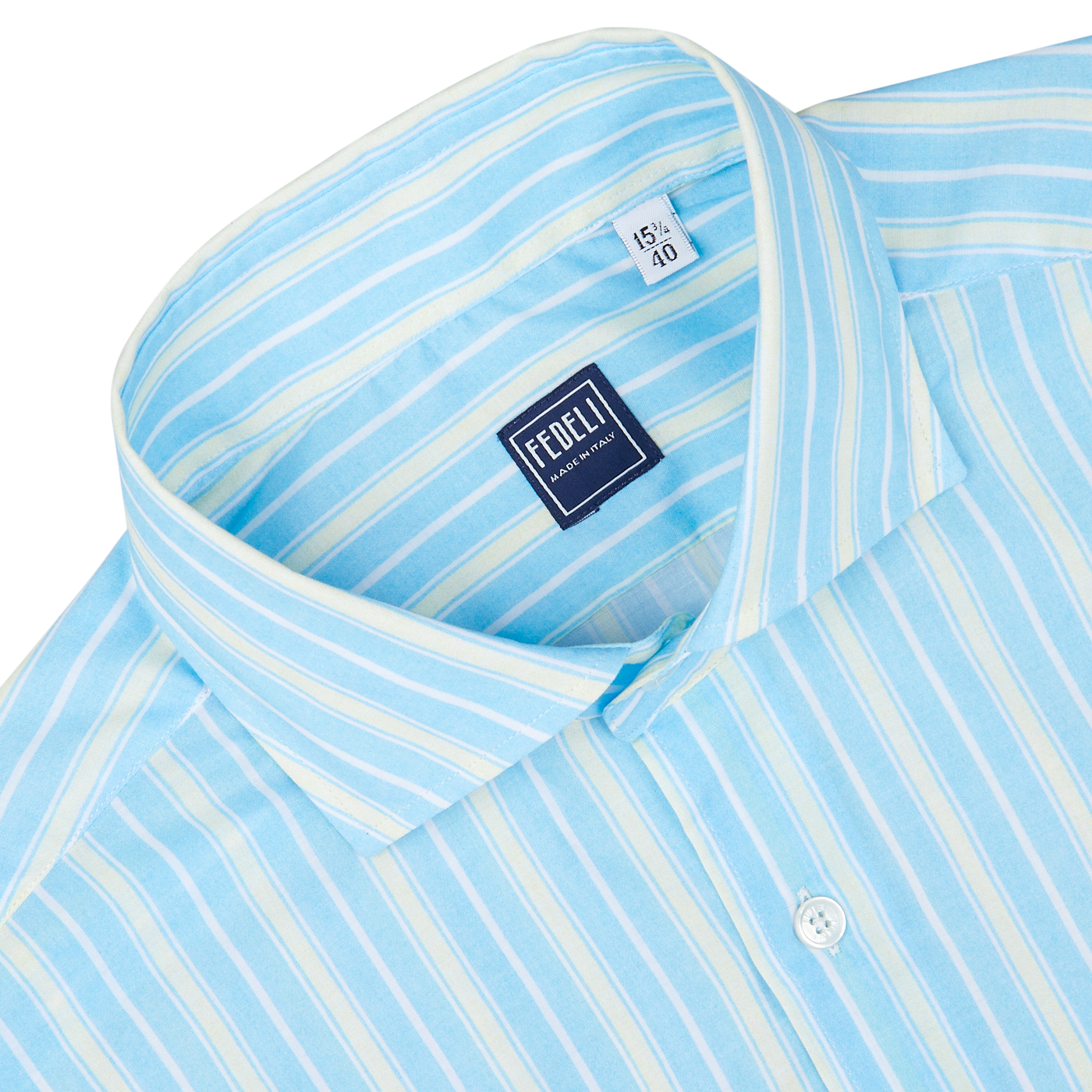 Sky Blue Yellow Striped Fedeli beach shirt with collar detail and size label visible, tailored in a slim fit from cotton stretch fabric.