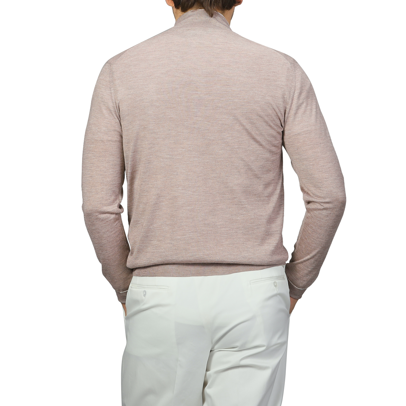 A person is seen from the back, wearing a Fedeli Taupe Beige Cashmere Silk 1/4 Zip Sweater and white pants.