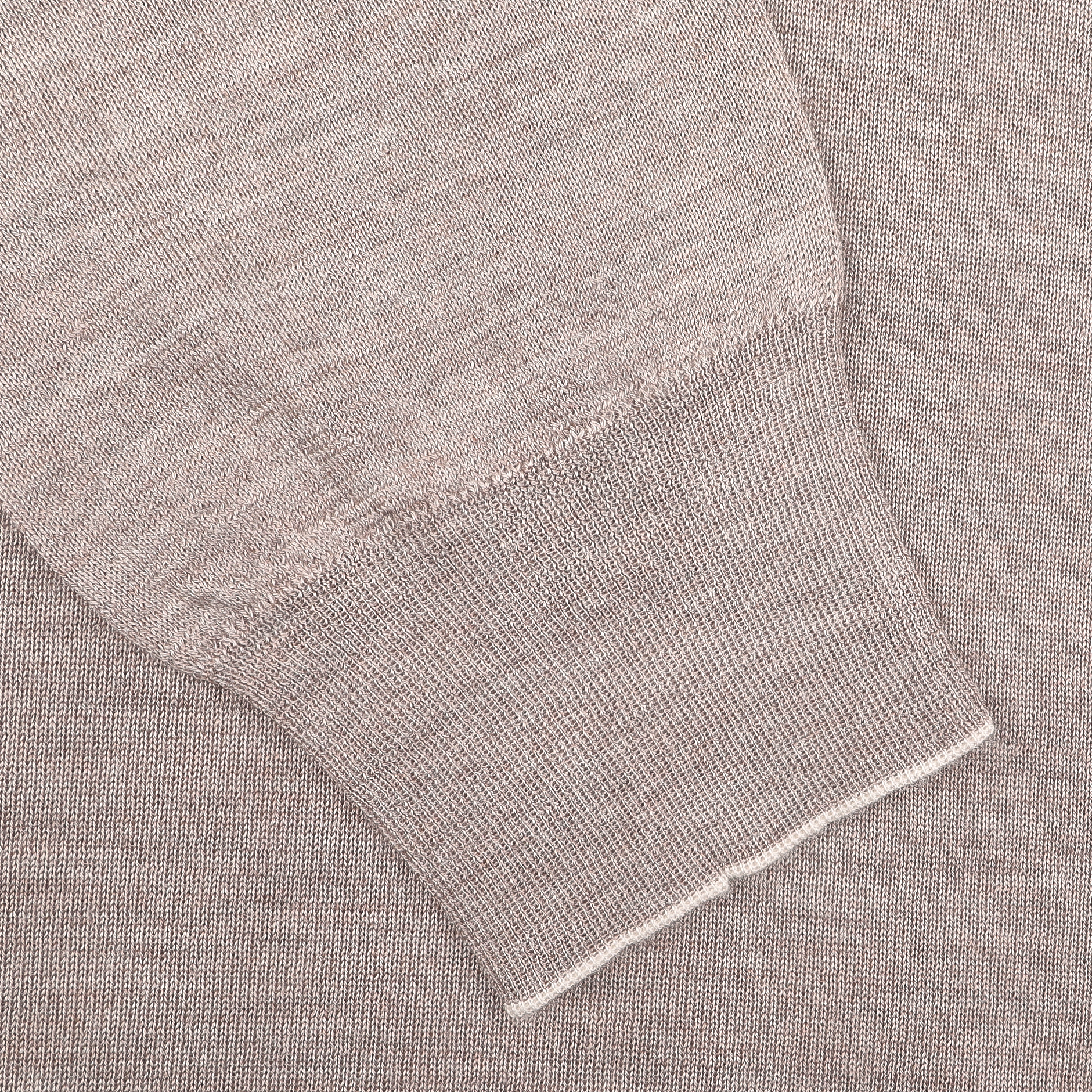 Close-up of the Fedeli Taupe Beige Cashmere Silk 1/4 Zip Sweater highlighting its long sleeve and cuff detail, with a focus on the knit texture and weave pattern of this luxurious cashmere-silk blend.