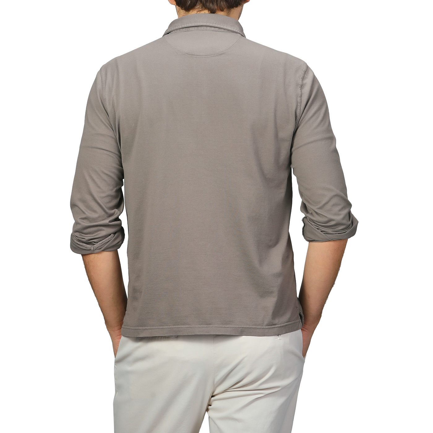 A person is shown from the back wearing a Taupe Beige Organic Cotton LS Polo Shirt by Fedeli and beige pants.