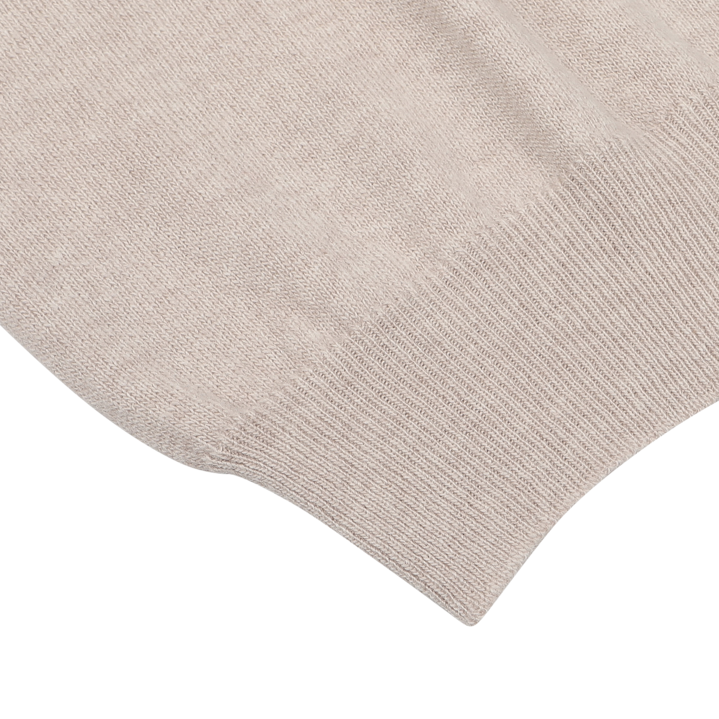 Close-up of the Fedeli Taupe Beige Wool Cashmere 1/4 Zip Sweater, showcasing a horizontal seam with ribbed texture at the edge, highlighting its luxurious material blend.