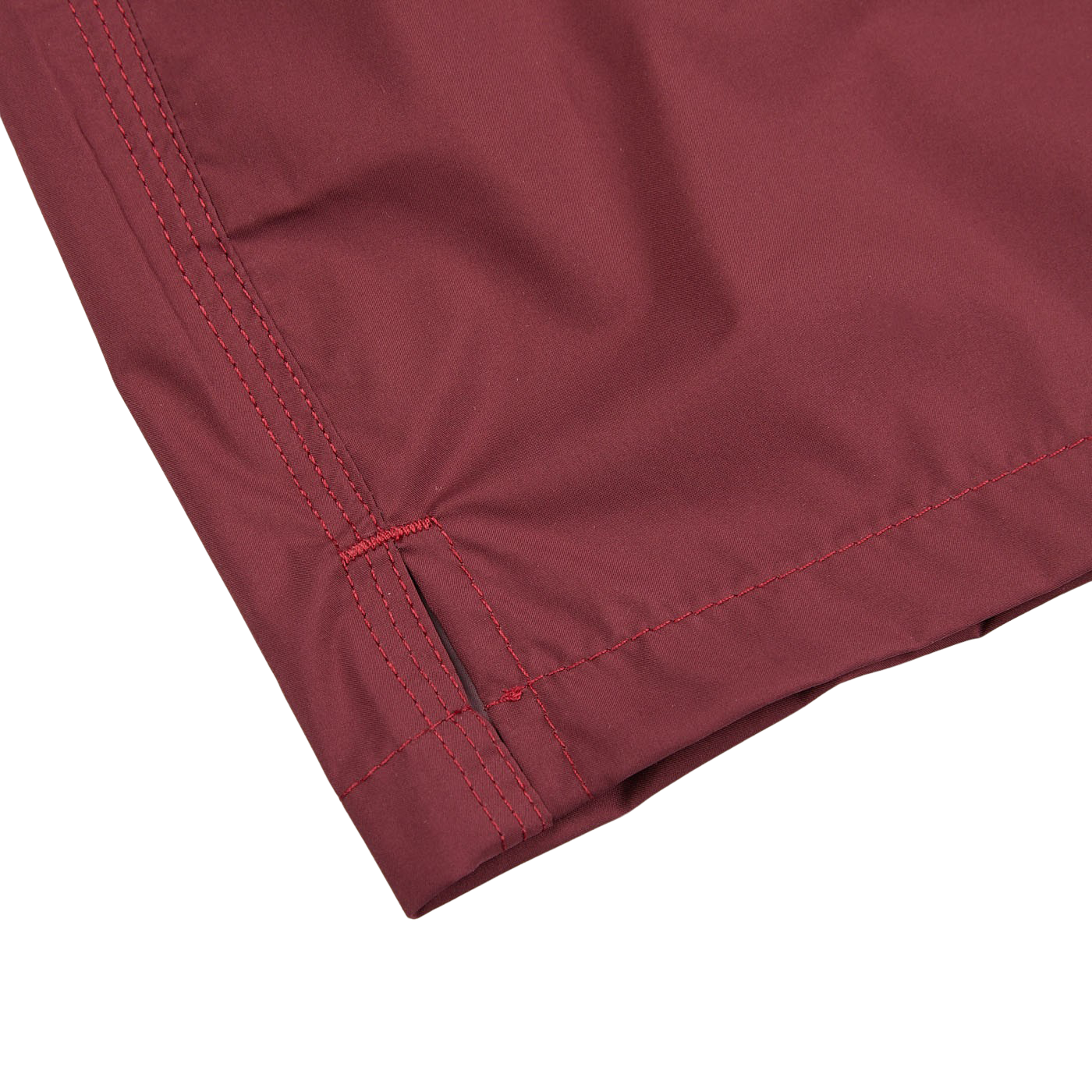 The back of a Fedeli Wine Red Microfiber Madeira Swim Shorts with wine red stitching.