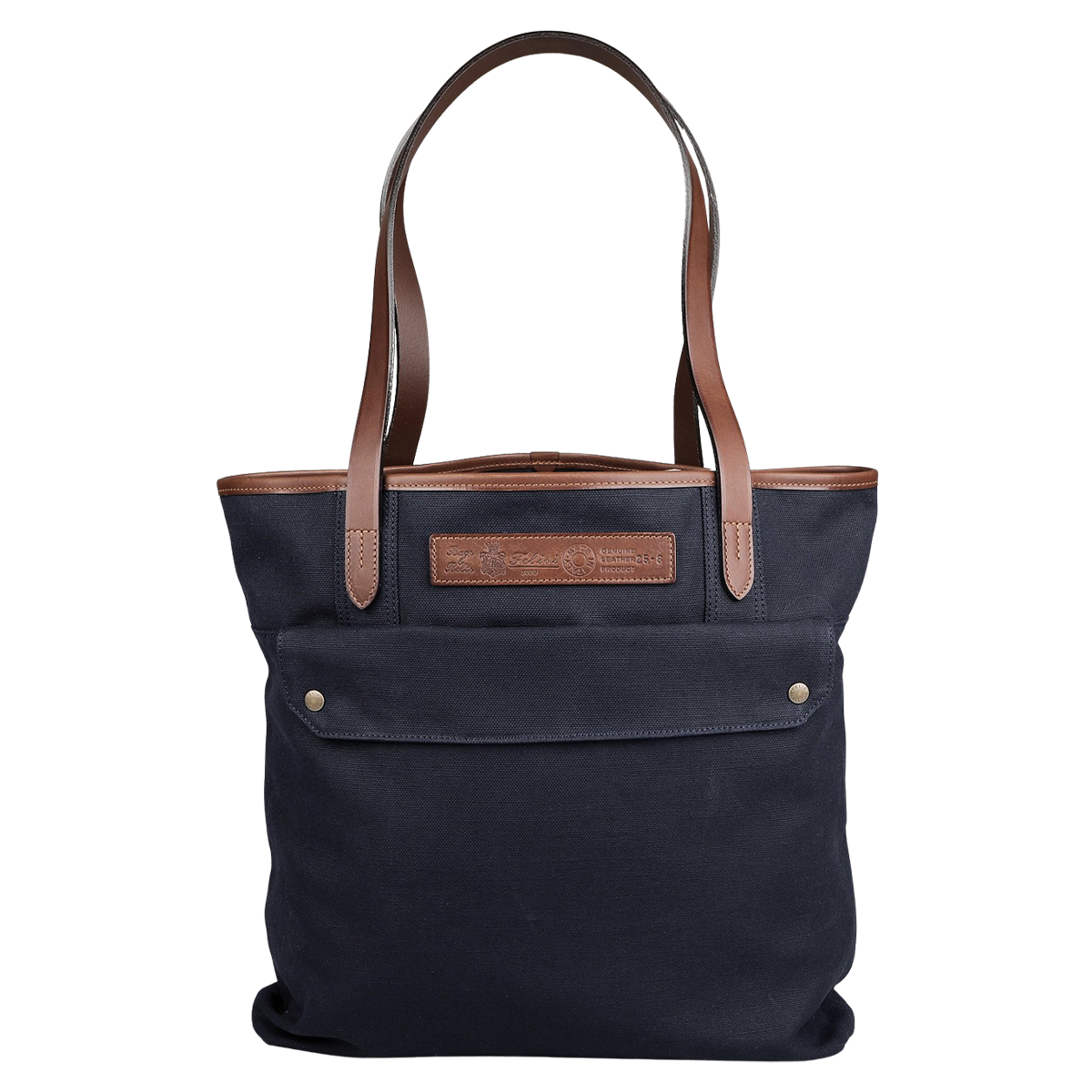 The Navy Blue Cotton Canvas Leather Tote Bag by Felisi boasts a design featuring vacchetta calf leather handles and accents. It includes a convenient front pocket with two snaps and a leather patch with an embossed motif.