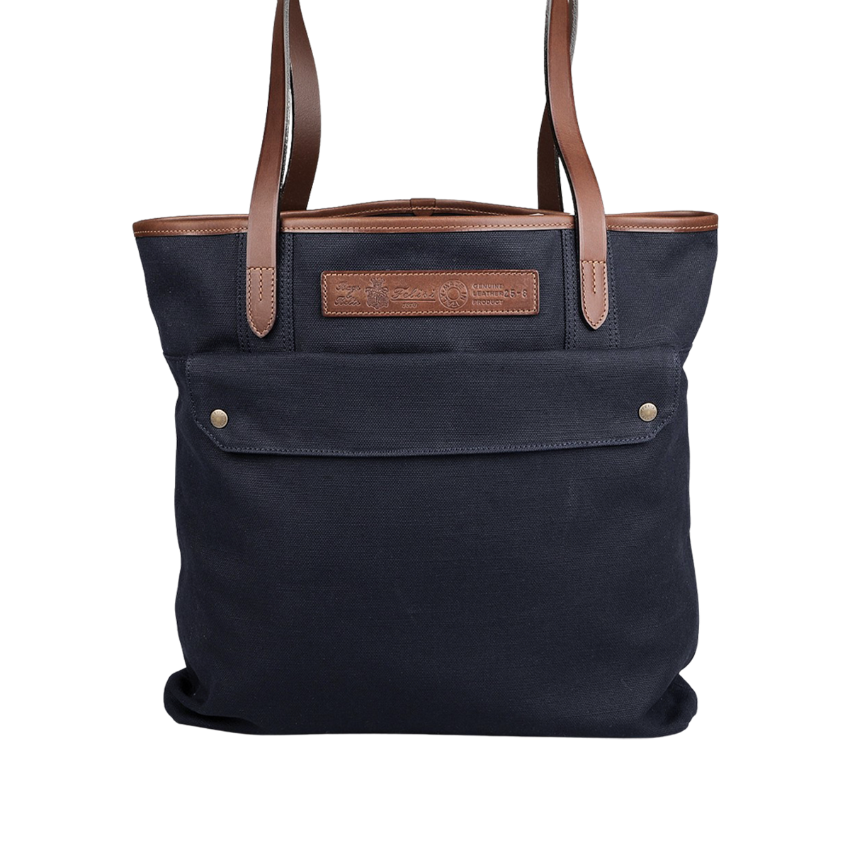 Introducing the Felisi Navy Blue Cotton Canvas Leather Tote Bag, which boasts vacchetta calf leather straps and accents.