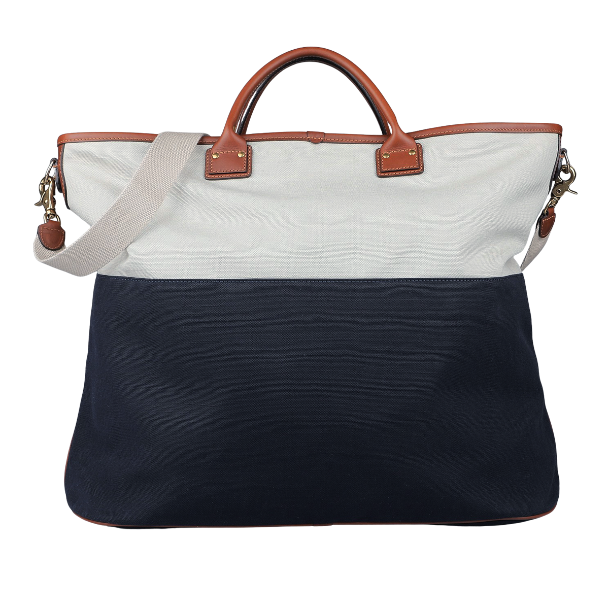 The Navy Grey Cotton Canvas Leather Travel Tote by Felisi showcases a stylish two-toned design with a white upper section and navy lower section, crafted from durable cotton canvas. It is equipped with brown vacchetta calf leather handles and a detachable beige shoulder strap, making it an ideal option for fashionable travel.