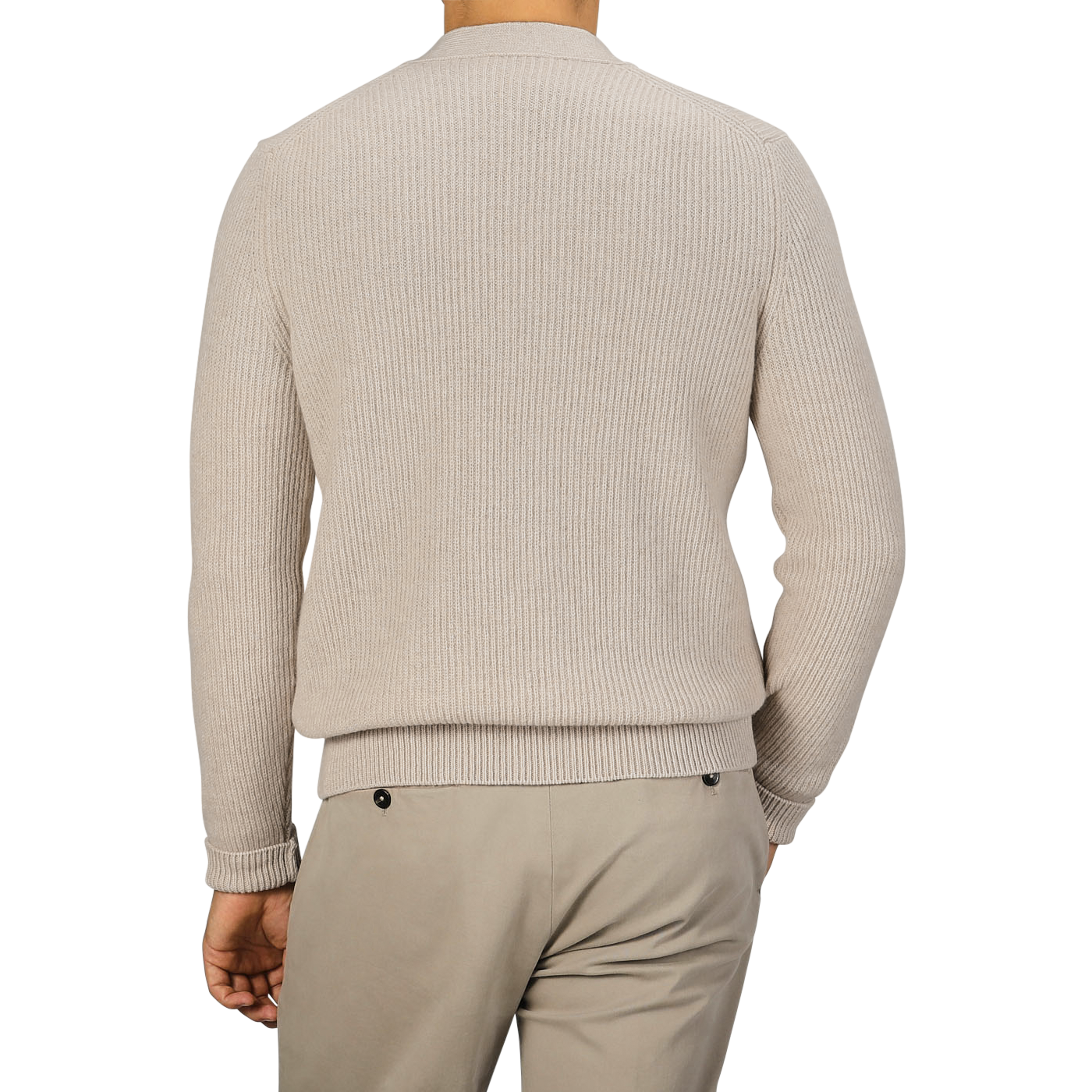 A person is depicted from the back wearing a Filippo de Laurentiis Beige Melange Wool Cashmere Cardigan paired with light gray pants.