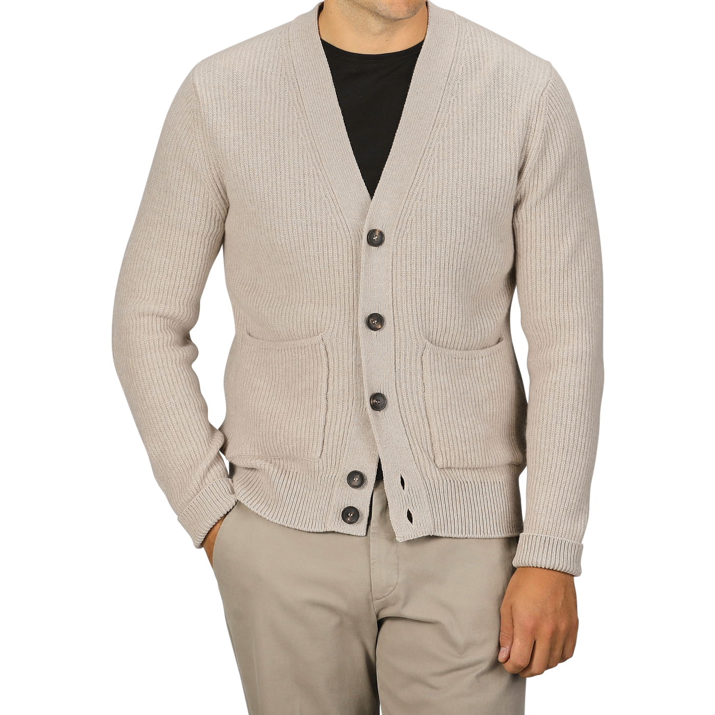 A person wearing a Filippo de Laurentiis Beige Melange Wool Cashmere Cardigan with ribbed hems and black buttons over a black shirt and beige pants against a plain background. The luxurious cardigan, featuring two front pockets, is made from a blend of wool and cashmere.