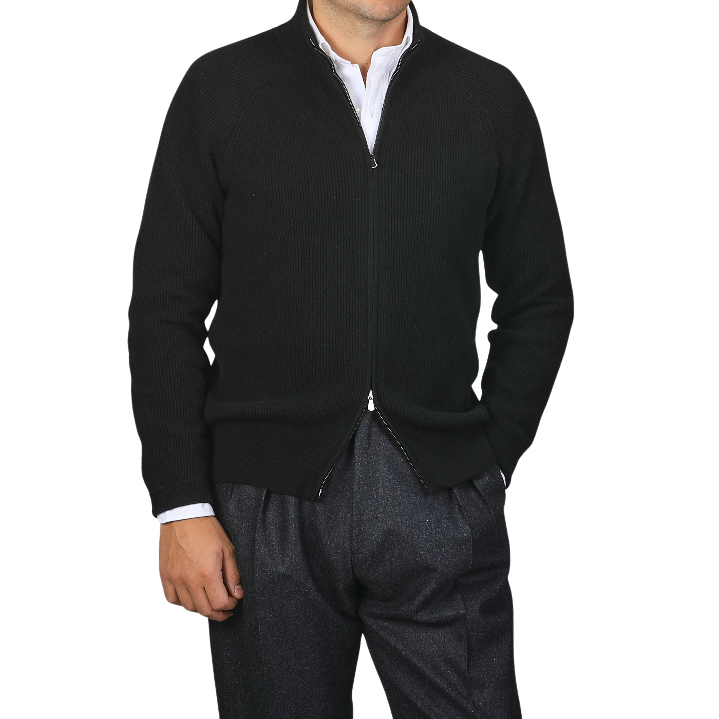 A person wearing a Filippo de Laurentiis Black Cashmere Rib Knit Cardigan over a white shirt and gray pants.