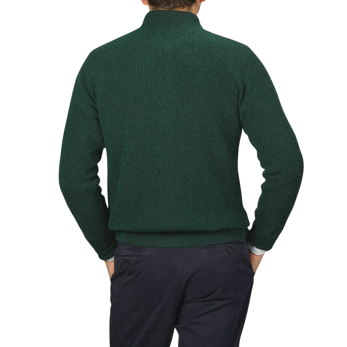 A person is shown from the back, wearing a Filippo de Laurentiis Bottle Green Cashmere Rib Knit Cardigan featuring a two-way zip closure, paired with dark pants.