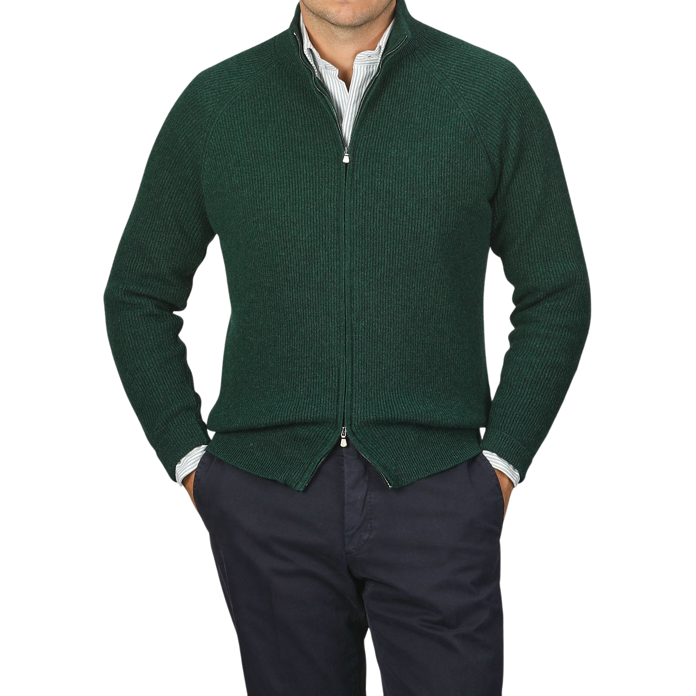 A person wearing a Bottle Green Cashmere Rib Knit Cardigan by Filippo de Laurentiis over a striped shirt with navy pants, standing against a plain background.