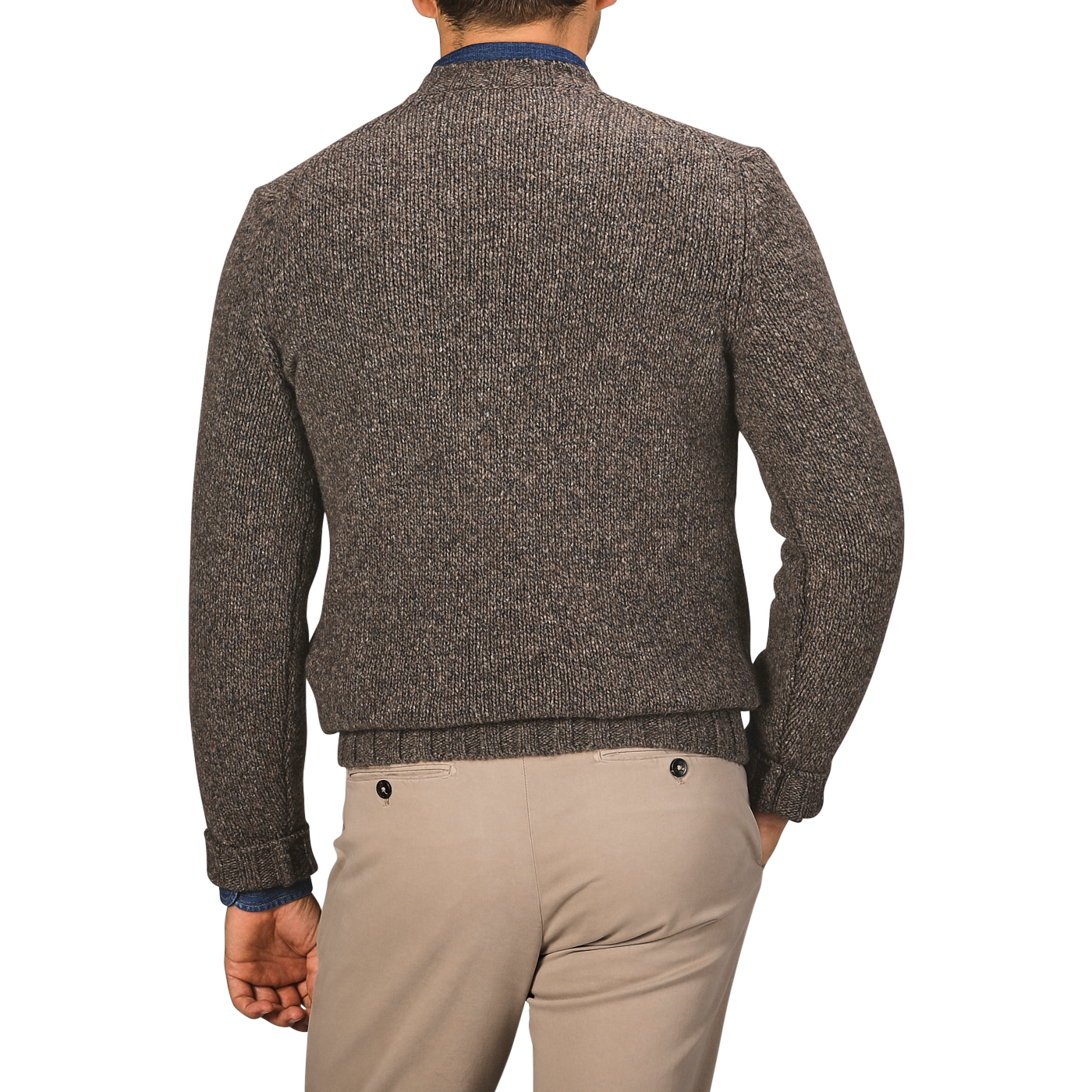 A person stands with their back facing the camera, wearing a Filippo de Laurentiis Brown Melange Yak Cashmere Sweater and beige pants.