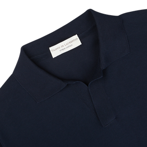 Navy Blue Crepe Cotton Polo Shirt with a visible label stating "Filippo de Laurentiis, 100% cotton" on the inner collar.