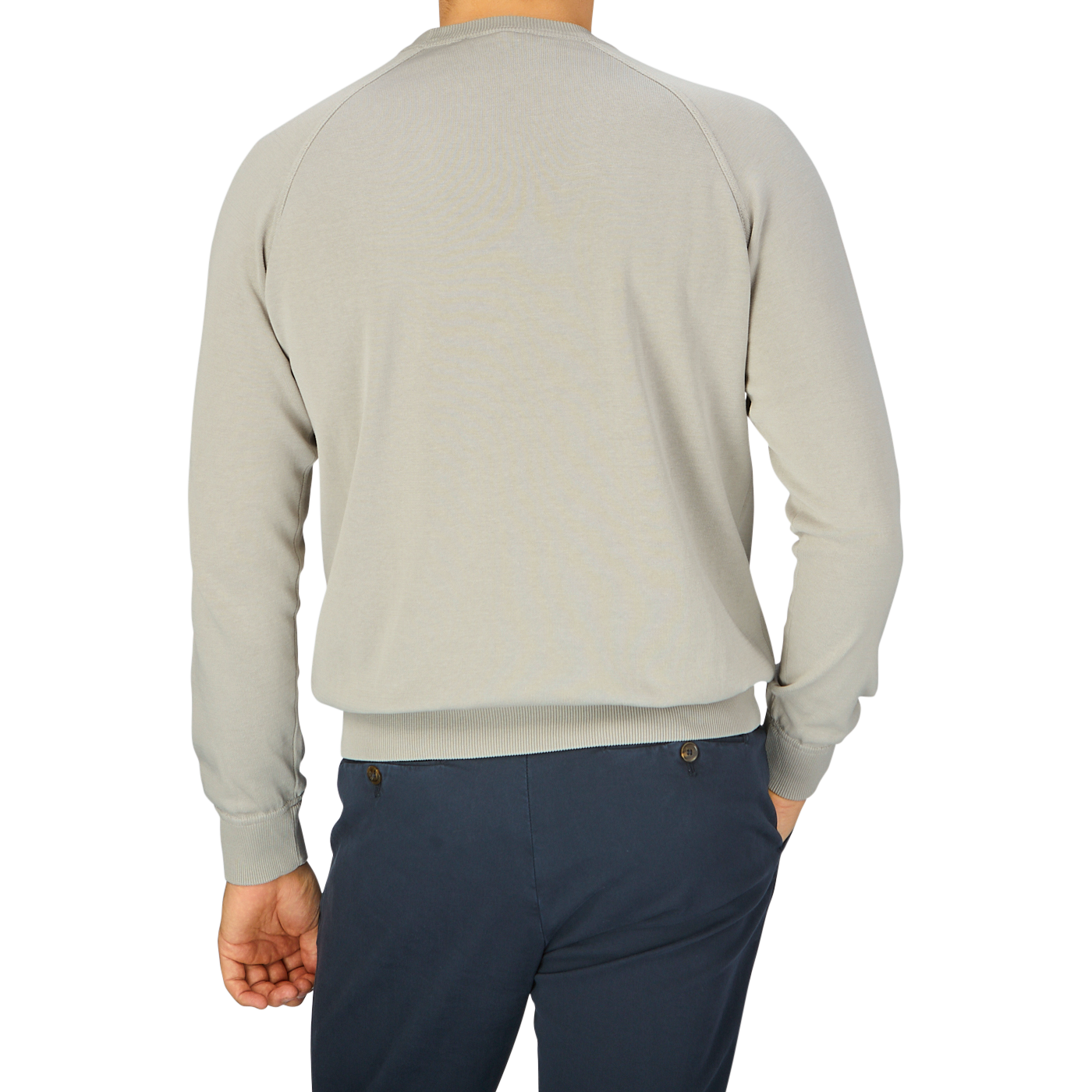 The back view of a man wearing a Filippo de Laurentiis Nebbia Grey Crepe Cotton Crew Neck Sweater.