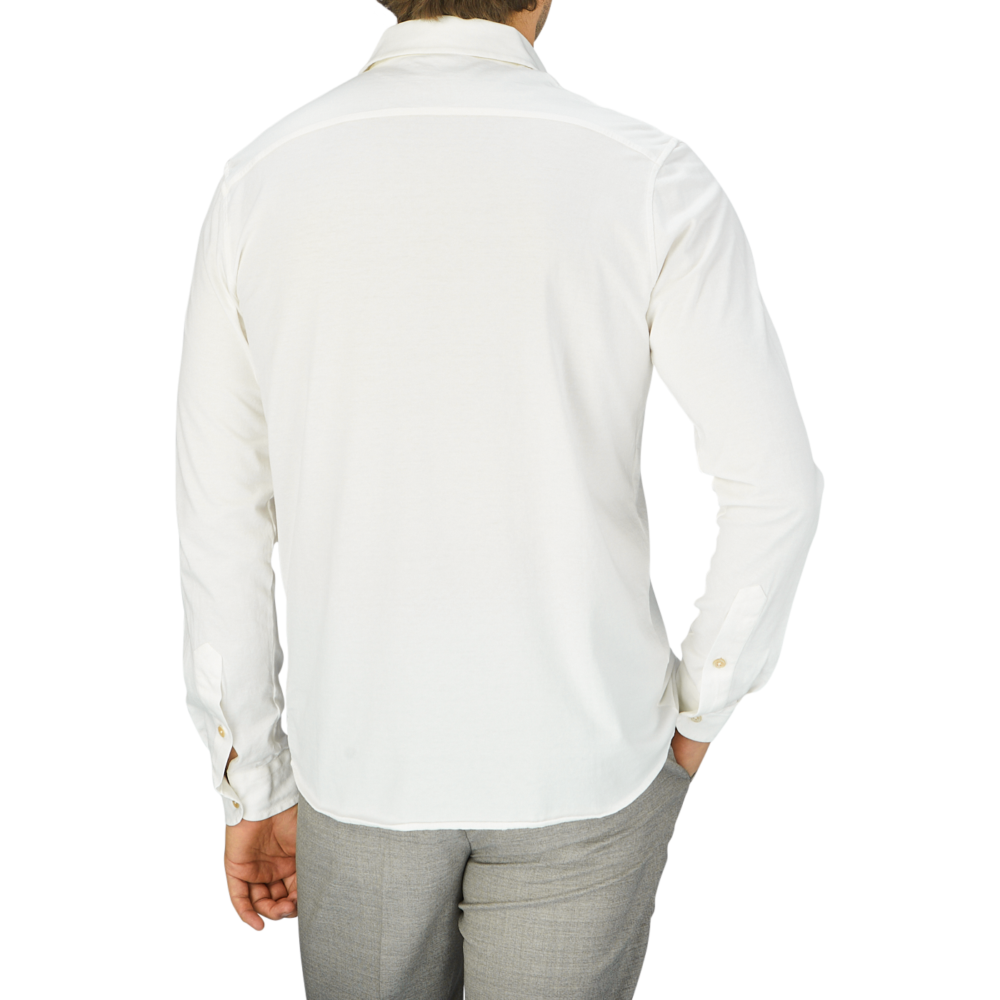 The back view of a man wearing a slim fit, Off White Cotton Jersey Knitted Shirt by Filippo de Laurentiis.