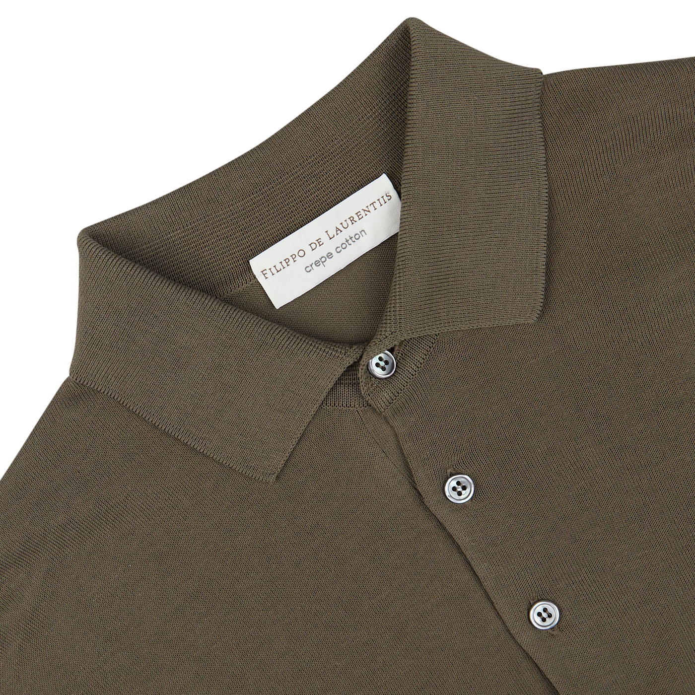 Olive green crepe cotton Filippo de Laurentiis polo shirt with a close-up of the collar and button placket, displaying its designer label.