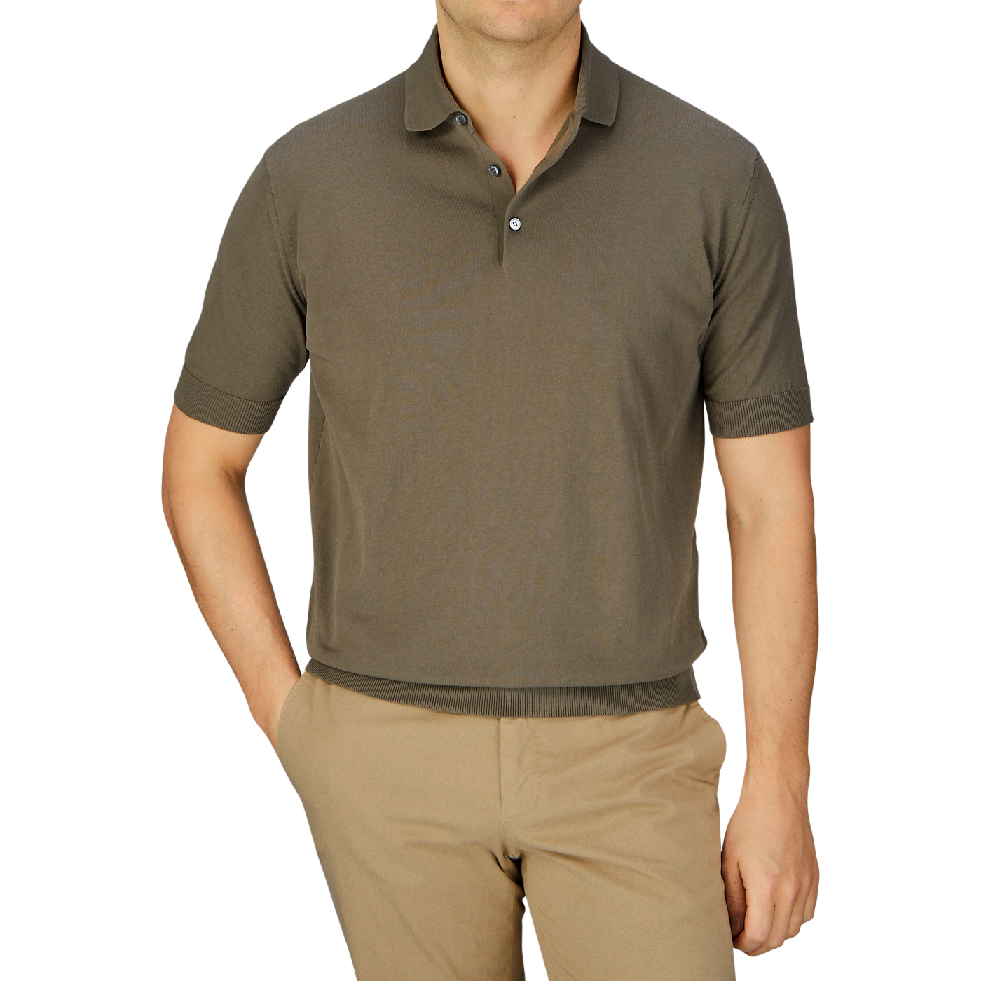 Man wearing a Filippo de Laurentiis Olive Green Crepe Cotton Polo Shirt and beige pants against a gray background.
