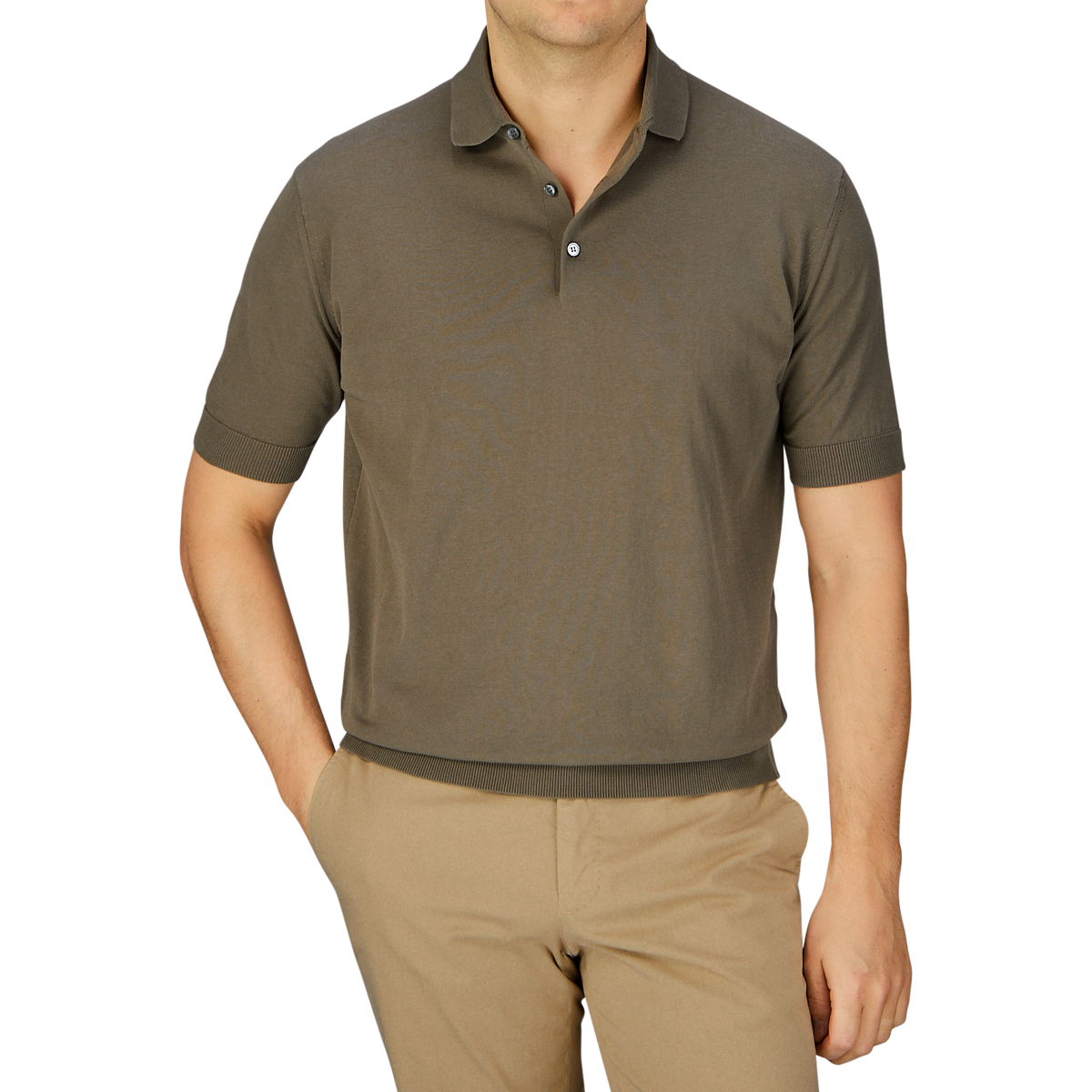 Man wearing a Filippo de Laurentiis Olive Green Crepe Cotton Polo Shirt and beige pants against a gray background.